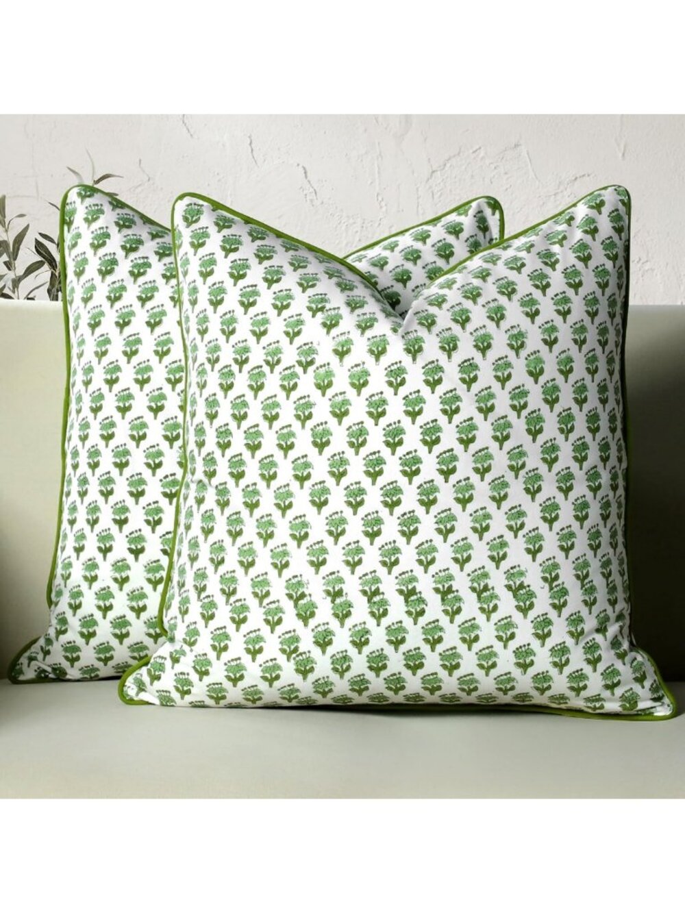 Emerald Green Block Print Throw Pillow Covers, 24x24 Inch, Set of 2, Home Decor